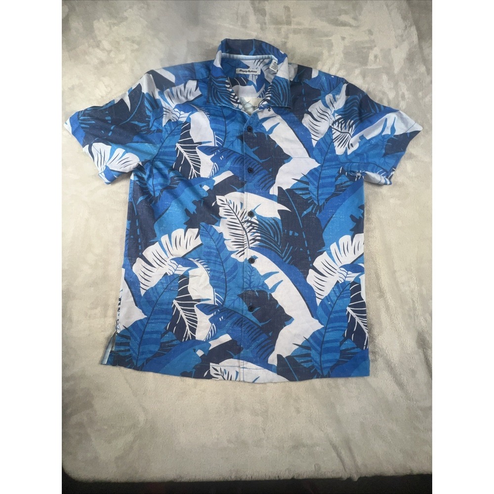 Tommy Bahama Shirt Mens Medium Silk IslandZone Floral‎ Hawaiian Blue Button Up